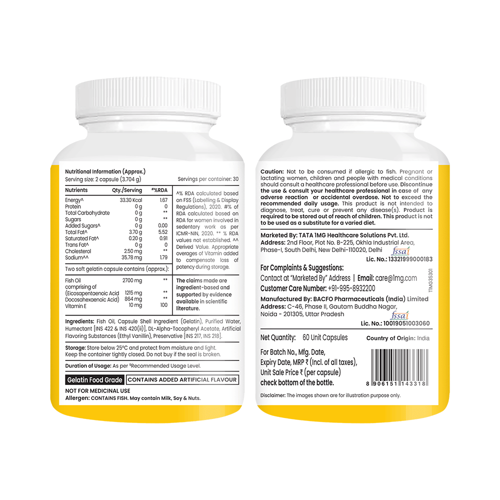 7X Strength Omega 3 | 2700 mg Fish Oil with Vitamin E for Heart & Brain Health | by Tata 1mg