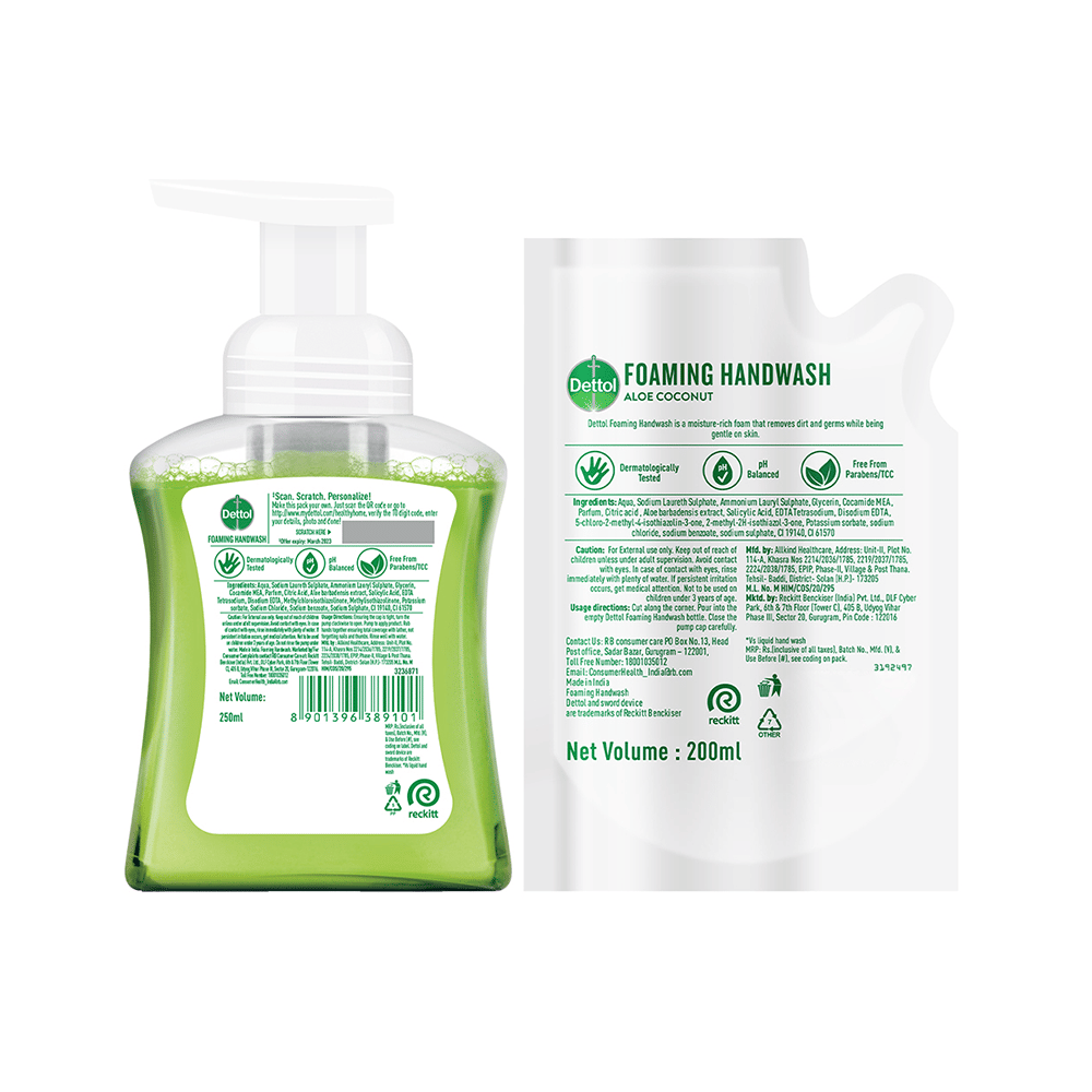 Dettol Combo Pack of Foaming Handwash (250ml) & Refill Pack (200ml) Aloe Coconut