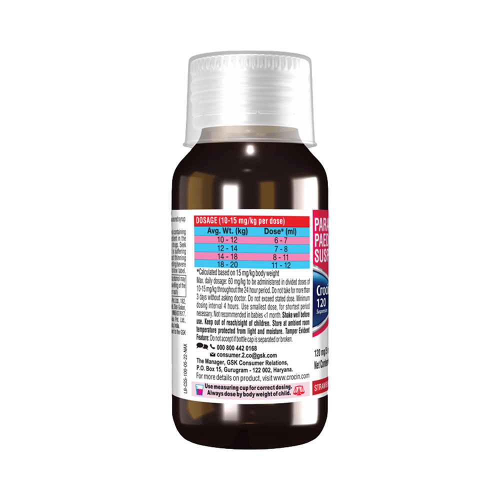 CROcin 120 Paracetamol Paediatric Oral Suspension | Flavour Strawberry