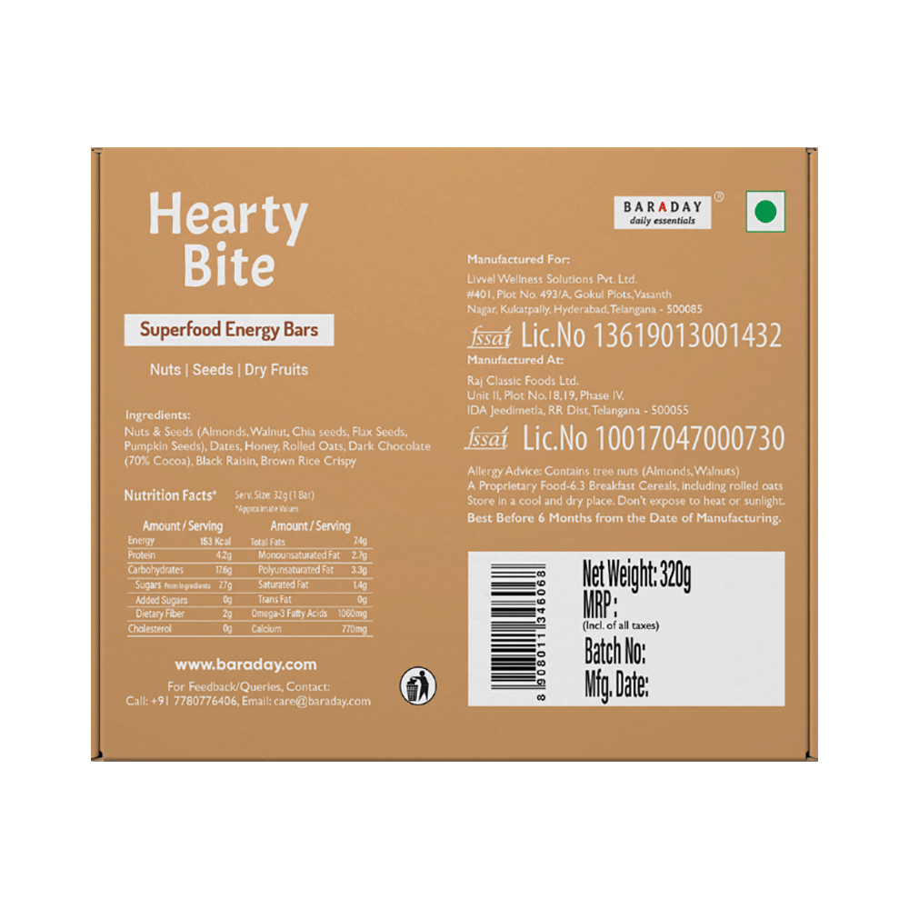 Hearty Bite Superfood Bar | No Added Sugar | Flavour Dark Chocolate
