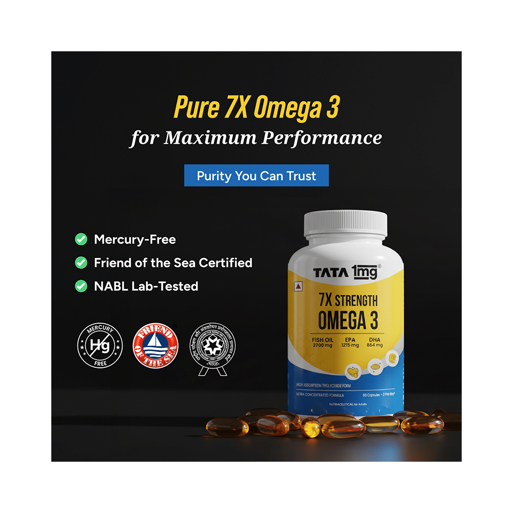 7X Strength Omega 3 | 2700 mg Fish Oil with Vitamin E for Heart & Brain Health | by Tata 1mg