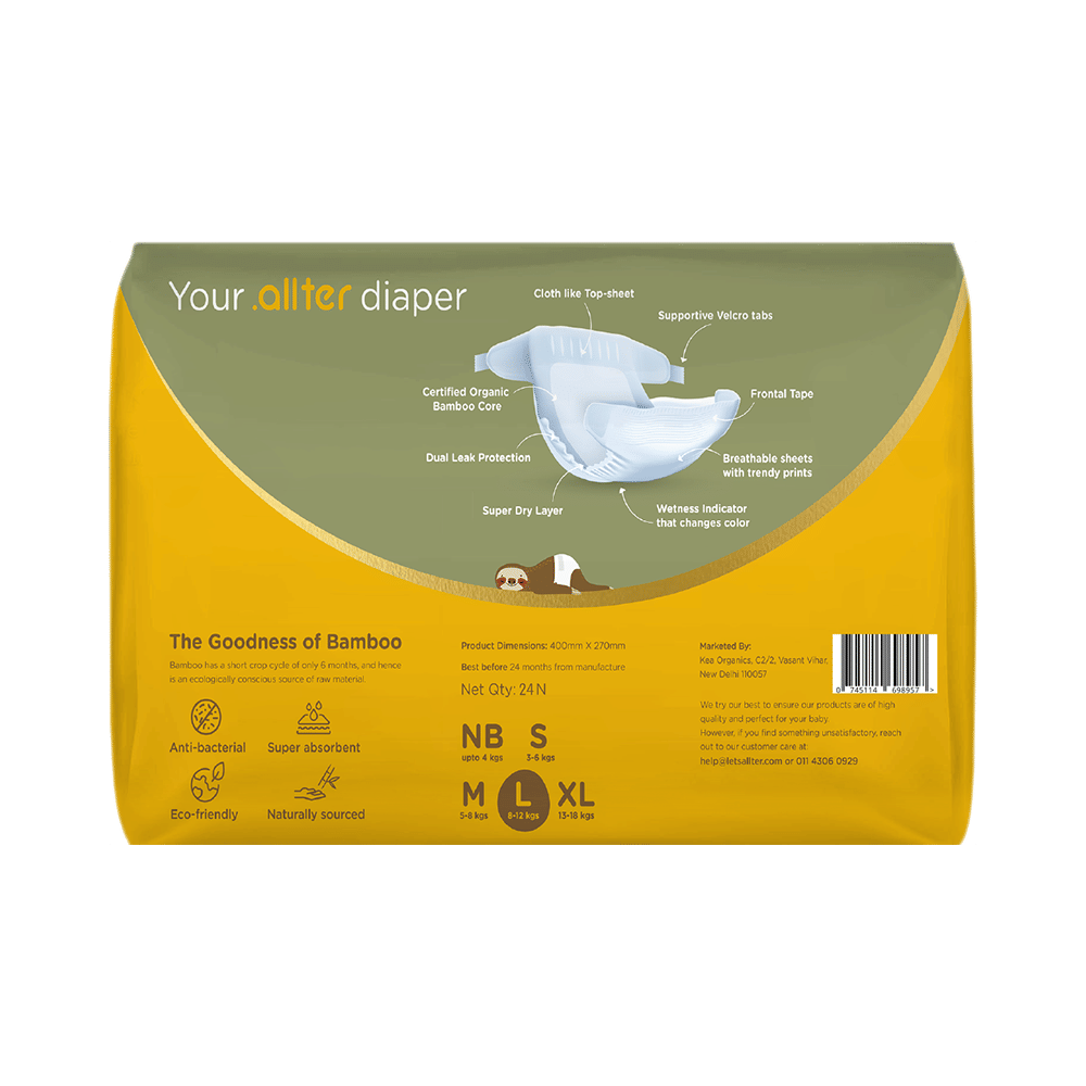 .allter Organic Natural Bamboo Ultra Soft Chemical Free Taped Diaper Large