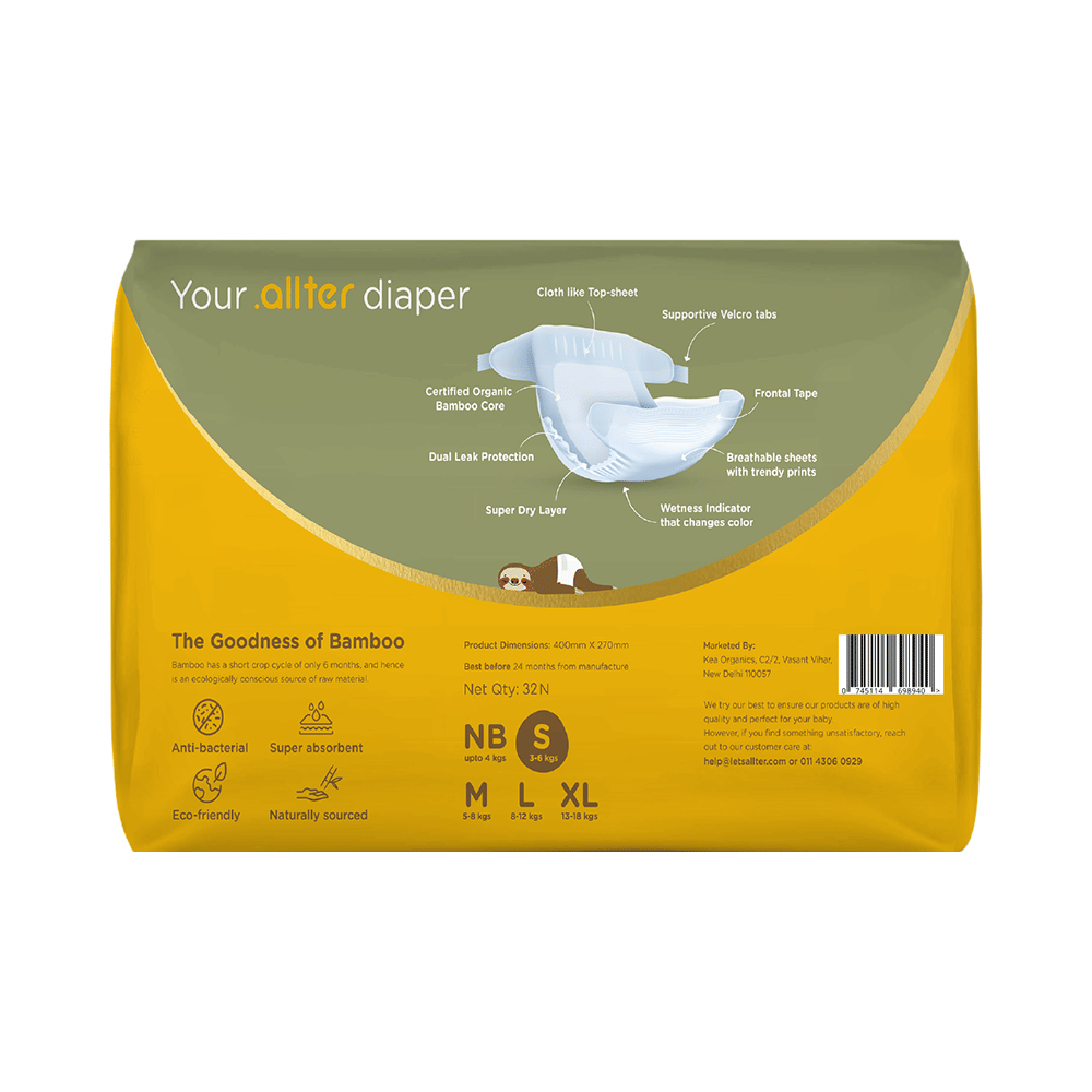 .allter Organic Natural Bamboo Ultra Soft Chemical Free Taped Diaper Small