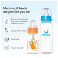 Mylo 2 In 1 BPA Free with Anti-Colic Nipple & Spoon Baby Feeding Bottle (125ml & 250 ml) Lion & Sky Blue thumbnail