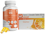 Combo Pack of Limcee Chewable Tablet Orange (15) & Tata 1mg Salmon Omega 3 Fish Oil Capsule (60)