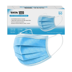 Tata 1mg 3 Ply Surgical Mask with Meltblown Filter and Nose Pin 50 Mask Light Blue