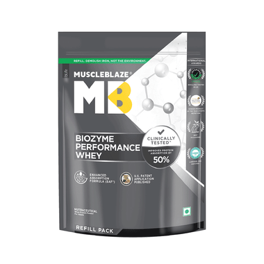 MuscleBlaze Biozyme Performance Whey Protein | For Muscle Gain | Improves Protein Absorption By 50% | Flavour Powder Unflavoured Refill Pack
