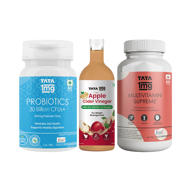 Combo Pack of Tata 1mg Multivitamin Supreme Capsule (60), Organic Apple Cider Vinegar (500ml) & Probiotics 30 Billion CFUs+ Capsule (60)