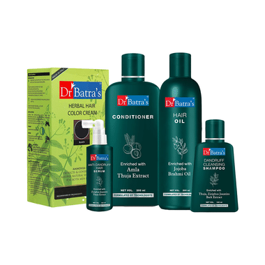 Dr Batra's Combo Pack Of Anti-Dandruff Hair Serum 125ml, Dandruff Cleansing Shampoo 100ml, Conditioner 200ml, Hair Oil 200ml And Herbal Hair Color Cream 130gm Black