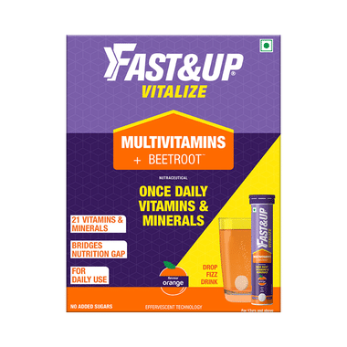 Fast&Up Vitalize Multivitamins + Natural Beetroot For Nutrition | No Added Sugar | Flavour Orange Effervescent Tablet