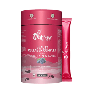 Wishnew Wellness Beauty Collagen Complex Sachet (10gm Each) for Healthy Hair, Skin and Nails with Hydrolysed Marine Collagen Hyaluronic Acid, Biotin & Vitamin C Blueberry