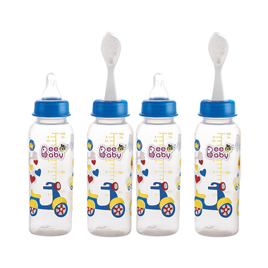 BeeBaby 2 In 1 Gentle Slim Neck Baby Feeding Bottle With Anti - Colic Gentle Touch Silicone Nipple And Feeder Spoon 8 Months + (250ml Each) Blue