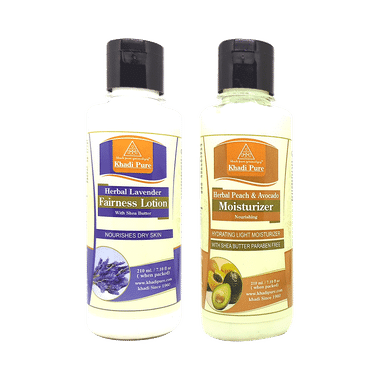 Khadi Pure Combo Pack of Herbal Lavender Fairness Lotion & Herbal Peach & Avocado Moisturizer (210ml Each)