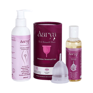 Aarya Combo Pack Of Natural Hygiene Intimate Wash (200ml), Menstrual Cup Wash Liquid (100ml) & 12 Hours Leakage Protection Menstrual Medium
