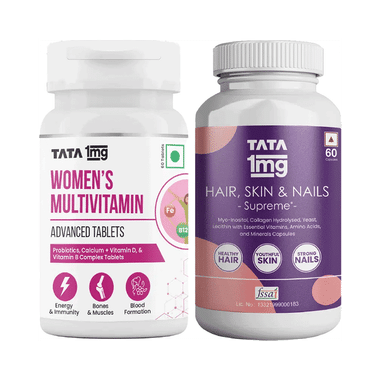 Combo Pack of Tata 1mg Women's Multivitamin Veg Tablet with Zinc (60) & Tata 1mg Hair, Skin & Nails Supreme Biotin Capsule (60)