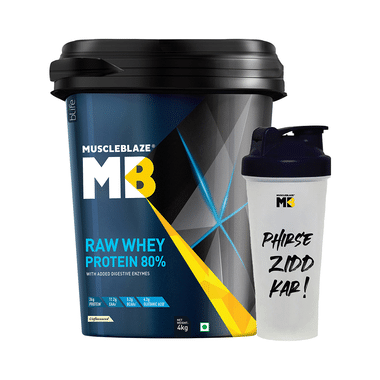 MuscleBlaze Raw Whey Protein 80% | Added Digestive Enzymes For Muscle Gain | No Added Sugar | Flavour Powder With Shaker Free Unflavoured