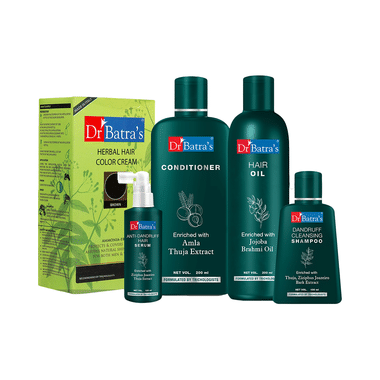 Dr Batra's Combo Pack of Anti-Dandruff Hair Serum 125ml, Dandruff Cleansing Shampoo 100ml, Conditioner 200ml, Hair Oil 200ml and Herbal Hair Color Cream 130gm Brown