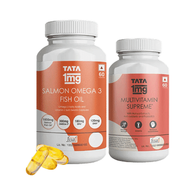 Combo Pack Of Tata 1mg Salmon Omega 3 Fish Oil Capsule (60) & Tata 1mg Multivitamin Supreme, Zinc, Calcium And Vitamin D Capsule (60)