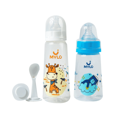 Mylo 2 In 1 BPA Free With Anti-Colic Nipple & Spoon Baby Feeding Bottle (125ml & 250 Ml) Bear & Giraffe