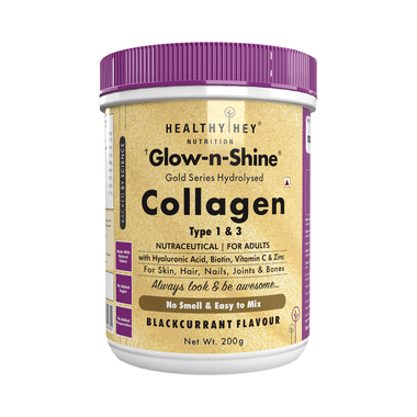 Healthy Hey Nutrition Glow-N-Shine Gold Series Hydrolysed Collagen Type 1 & 3 For Skin, Hair, Nails, Bones & Joints | For Adults | Flavour Blackcurrant