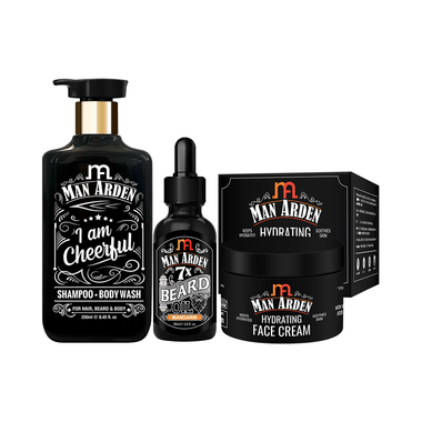 Man Arden Combo Pack of I Am Cheerful Shampoo + Bodywash (250ml), Beard Oil Mandarin (30ml) & Hydrating Face Cream (50gm)