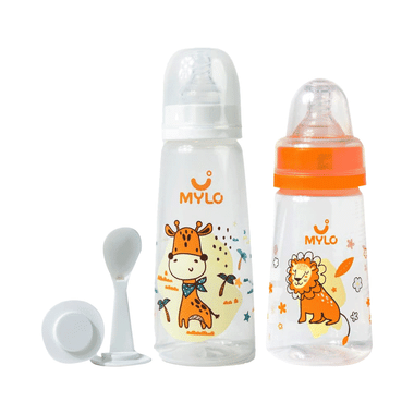 Mylo 2 In 1 BPA Free With Anti-Colic Nipple & Spoon Baby Feeding Bottle (125ml & 250 Ml) Lion & Giraffe