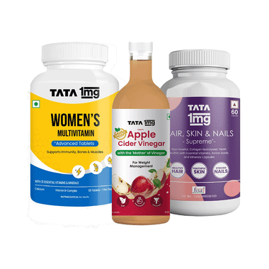 Combo Pack of Tata 1mg Women's Multivitamin Tablet (60), Hair, Skin & Nails Supreme Capsule (60) and Organic Apple Cider Vinegar (500ml)