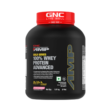 GNC Amp Gold 100% Whey Protein Advanced Powder With Digestive Enzymes | For Lean Muscles | Flavour Powder Delicious Strawberry