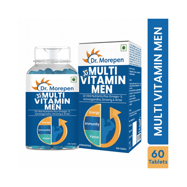 Dr. Morepen Multi Vitamin for Men | With Omega 3, Ashwagandha, Ginseng & Amla for Energy, Immunity & Focus | Tablet