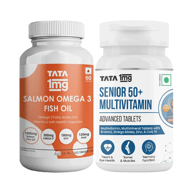 Combo Pack of Tata 1mg Senior 50+ Multivitamin Advanced Tablets & Salmon Omega 3 Fish Oil Capsule (60 Each)