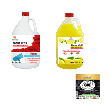 Indian Life Combo Pack Of Floor Well Disinfectants Rose & Lemon (1ltr Each) With Charcoal Soap (50gm) Free