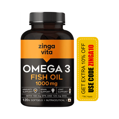Zingavita Omega 3 Fish Oil 1000mg Soft Gelatin Capsule with EPA & DHA | For Heart, Brain & Joint Health |