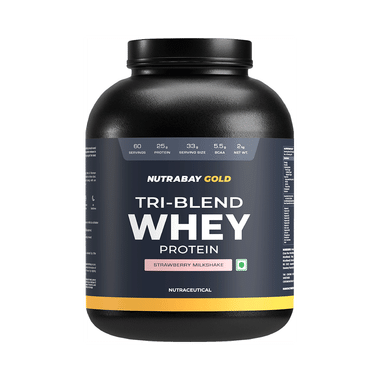 Nutrabay Gold Tri-Blend Whey Protein For Muscle Recovery & Immunity | No Added Sugar | Flavour Strawberry Milkshake