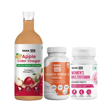 Combo Pack Of Tata 1mg Women's Multivitamin Advanced Tablet (60),Salmon Omega 3 Fish Oil Capsule (60) & Organic Apple Cider Vinegar (500ml)