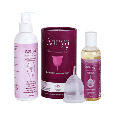 Aarya Combo Pack of Natural Hygiene Intimate Wash (200ml), Menstrual Cup Wash Liquid (100ml) & 12 Hours Leakage Protection Menstrual Large