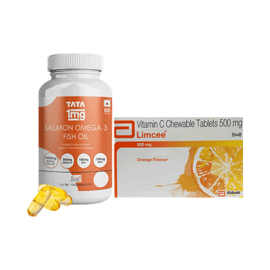 Combo Pack Of Limcee Chewable Tablet Orange (15) & Tata 1mg Salmon Omega 3 Fish Oil Capsule (60)