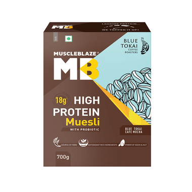 MuscleBlaze Fit High Protein Muesli 22 G Protein | Flavour Blue Tokai Cafe Mocha
