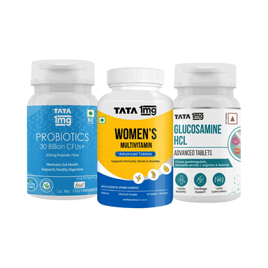 Combo Pack of Tata 1mg Women's Multivitamin Advanced Tablet (60), Glucosamine HCL Advanced Tablet (60) and Probiotics 30 Billion CFUs+ Capsule (60)