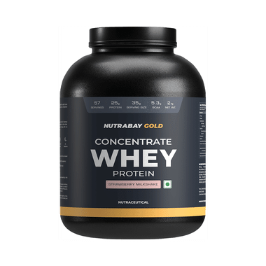 Nutrabay Gold Concentrate Whey Protein For Muscle Recovery | No Added Sugar Powder Strawberry Milkshake