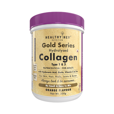 HealthyHey Nutrition Gold Series Hydrolysed Collagen Type 1 & 3 For Skin, Hair, Nails, Bones & Joints | For Adults | Flavour Orange