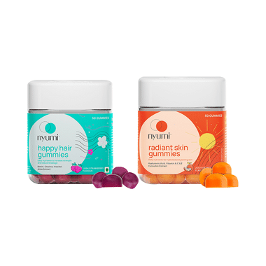 Combo Pack of Nyumi Happy Hair Gummies Lush Strawberry & Nyumi Radiant Skin Gummies Juicy Orange (50 Each)