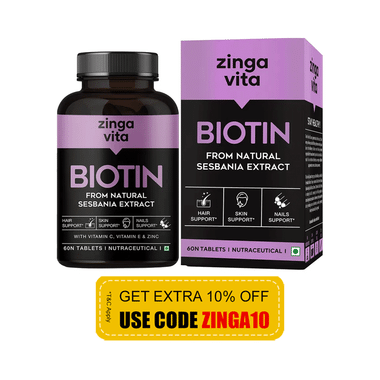 Zingavita Biotin Tablet With Zinc, Vitamin C & E | For Hair, Skin & Nail Health | Mineral & Vitamin Support