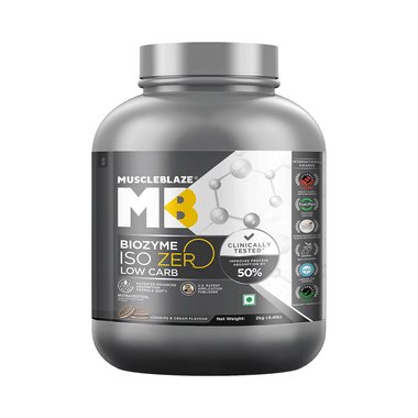 MuscleBlaze Biozyme Iso Zero Low Carb | Improves Protein Absorption By 50% | Flavour Powder Cookie And Cream