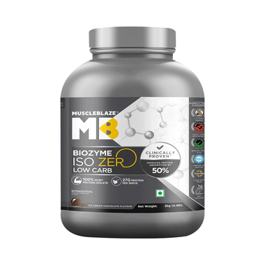 MuscleBlaze Biozyme Iso-Zero Low Carb Isolate Whey Protein Powder | 27g Per Scoop | Flavour Ice Cream Chocolate