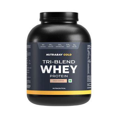 Nutrabay Gold Tri-Blend Whey Protein For Muscle Recovery & Immunity | No Added Sugar | Flavour Powder Cold Coffee