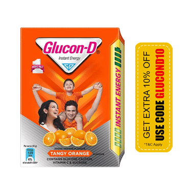 Glucon-D with Glucose, Calcium, Vitamin C & Sucrose | Flavour Tangy Orange