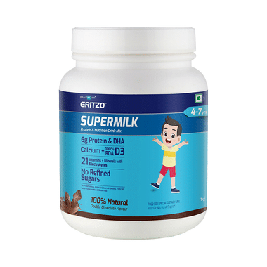 Gritzo SuperMilk For Active Kids, Protein Powder For Kids, High Protein (6 G), DHA, Calcium + D3, 21 Nutrients, No Refined Sugar, 100% Natural Double Chocolate Flavour 4-7 Years Powder