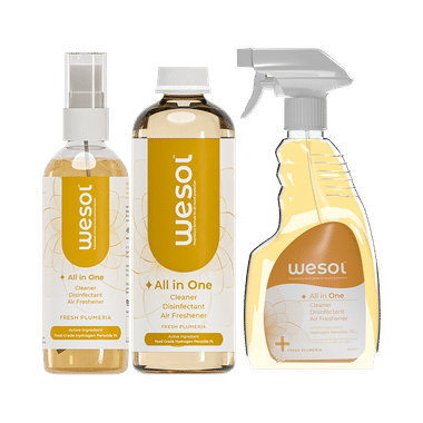 Wesol Combo Pack of All in One Multi Surface Cleaner Liquid, Disinfectant and Air Freshner Spray (500ml & 100ml) with Refill Pack of 500ml Fresh Plumeria