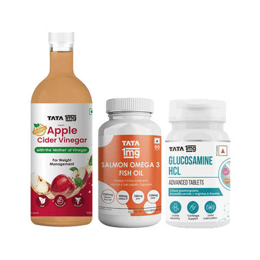 Combo Pack of Tata 1mg Glucosamine HCL 1500 mg Advanced Tablet (60),Salmon Omega 3 Advanced Capsule (60) & Organic Apple Cider Vinegar (500ml)