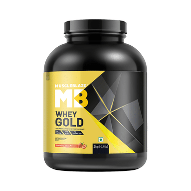 MuscleBlaze Whey Gold 100% Whey Protein Isolate | With Digestive Enzymes | Powder For Muscle Synthesis | Flavour Powder Strawberry Shake